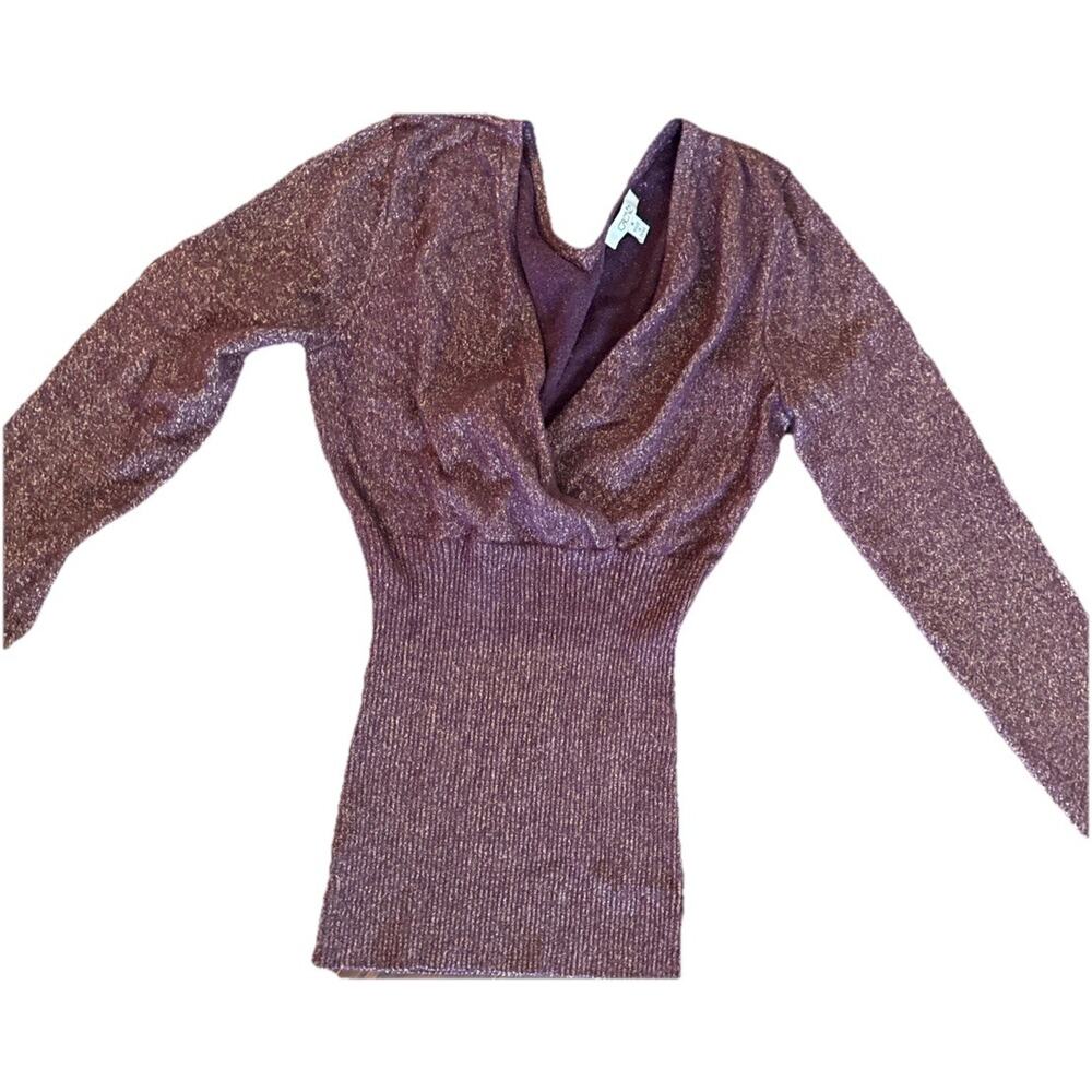 Y2K Cachè Womens Sweater Eggplant Purple Gold Sparkle Metallic Top Knit Medium